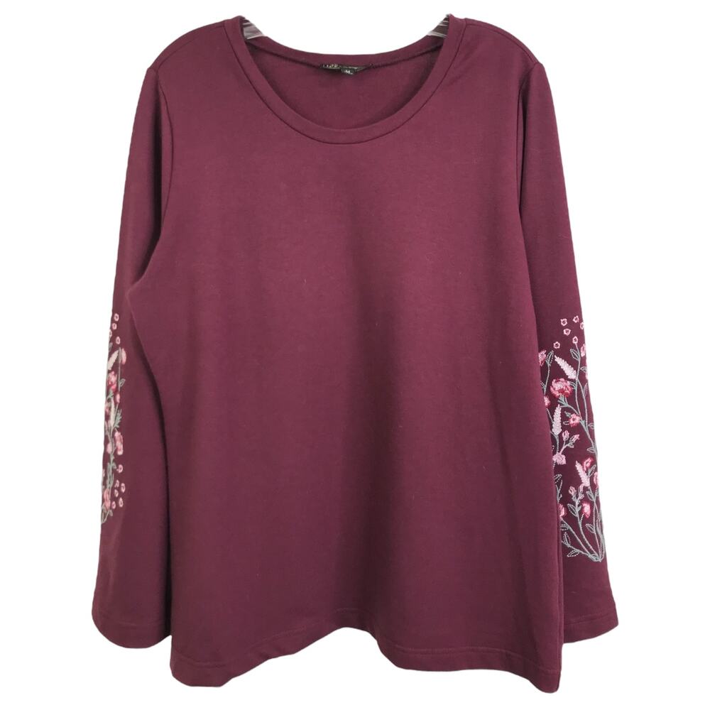 DG2 Diane‎ Gilman Long Sleeve Top Womens M Maroon Embroidered Floral Bell Sleeve